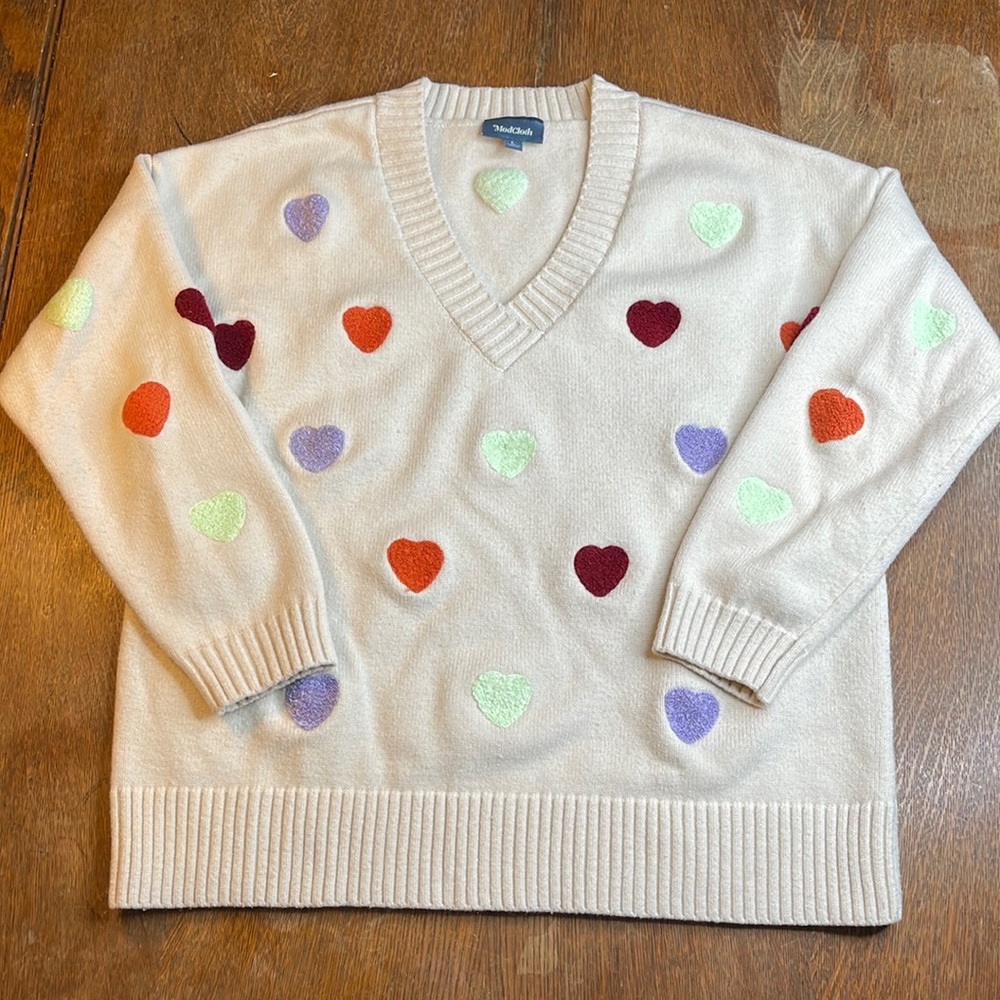 ModCloth V-Neck Cream Sweater with Plush Hearts Size Large